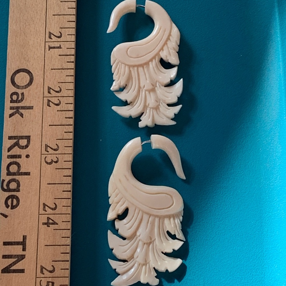 Fake gage earrings. Hand carved from bone. - Picture 2 of 6
